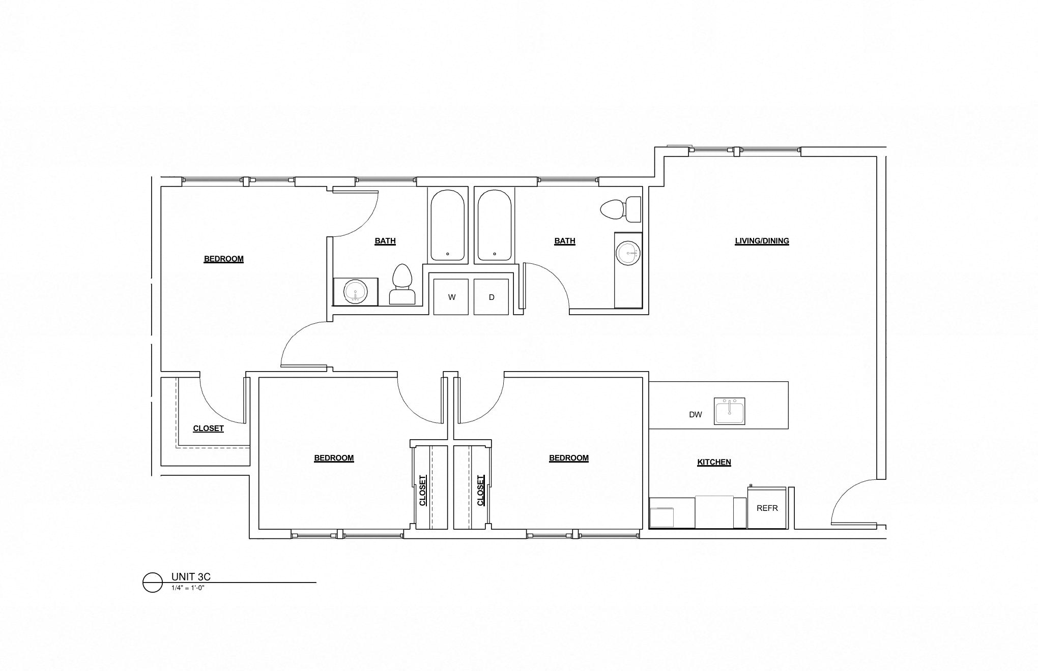 Floor plan for 3 beds, 2 baths, 1132 sqft